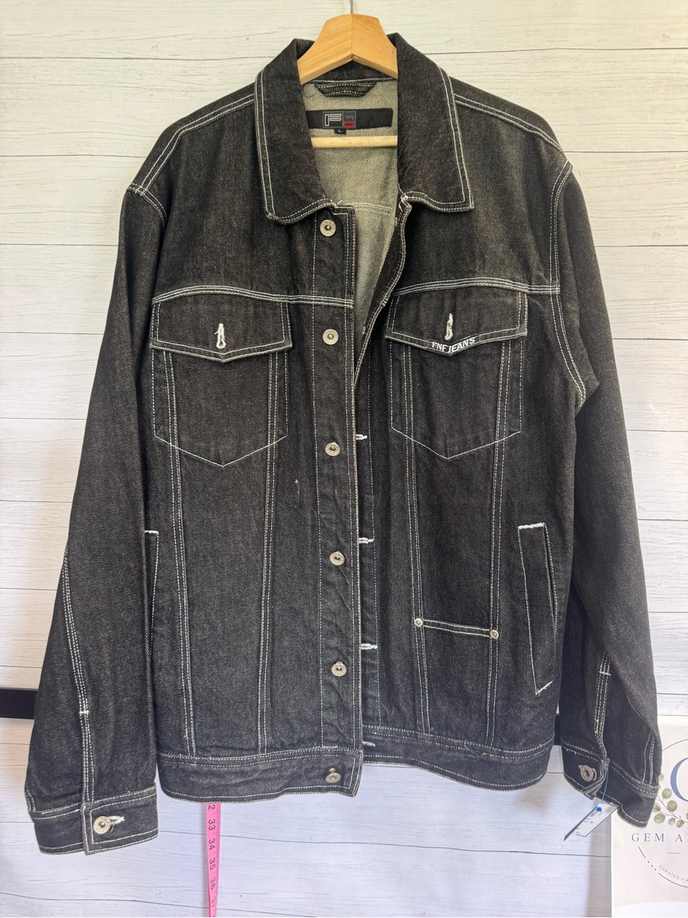 FNF Jeans 2000 Black Denim Trucker Jacket Contrast Stitch L Y2K 100% Cotton